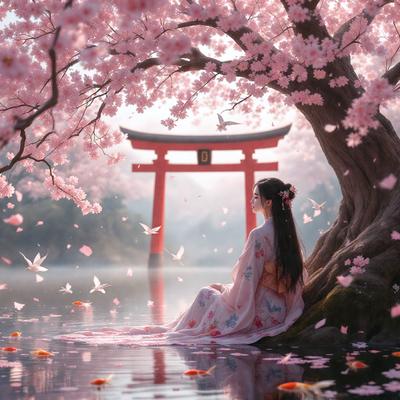The primary subject of the image is a woman sitting under a cherry blossom tree. The setting is a serene pond, with the tree and the woman as the main focus. The visual style is a combination of photo and digital art, creating a beautiful and artistic representation of the scene. The colors and mood are predominantly pink and peaceful, reflecting the tranquility of the moment.